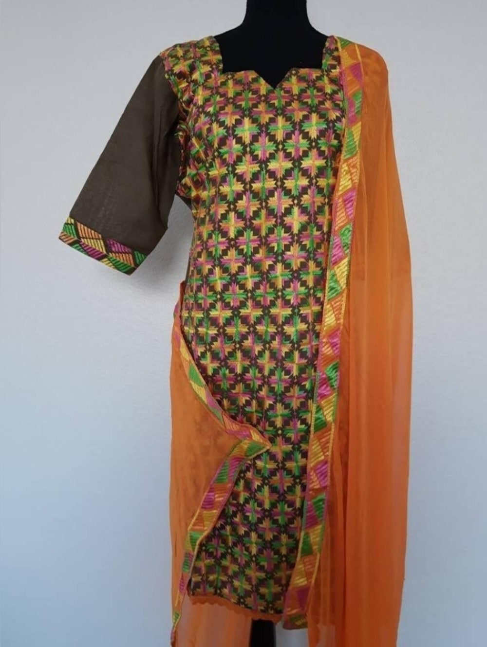 Multicolor Phulkari Cotton  Kurta with Orange Palazzo and  Dupatta